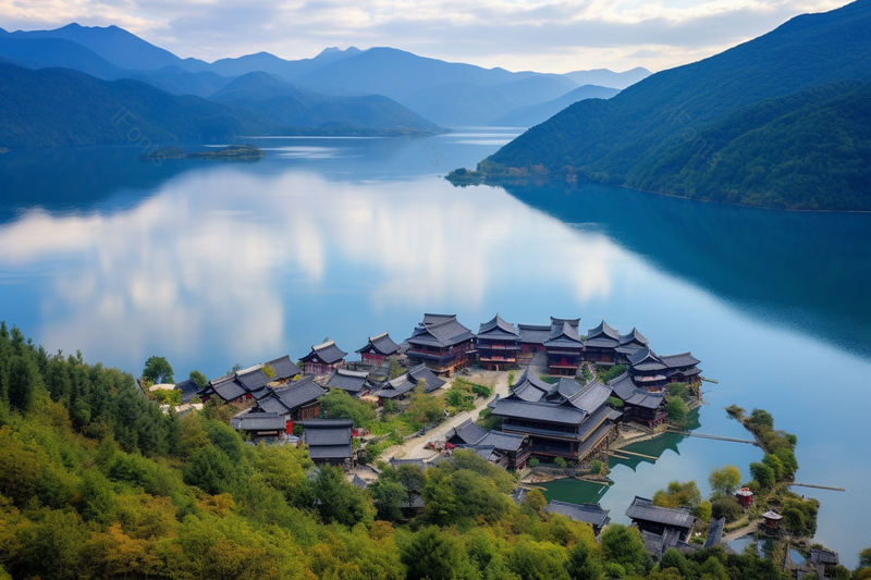 摄影图高清的图片水面湖边的古建筑群绿色树林,高清,摄影图,摄影图片,图片大全,摄影图免费下载